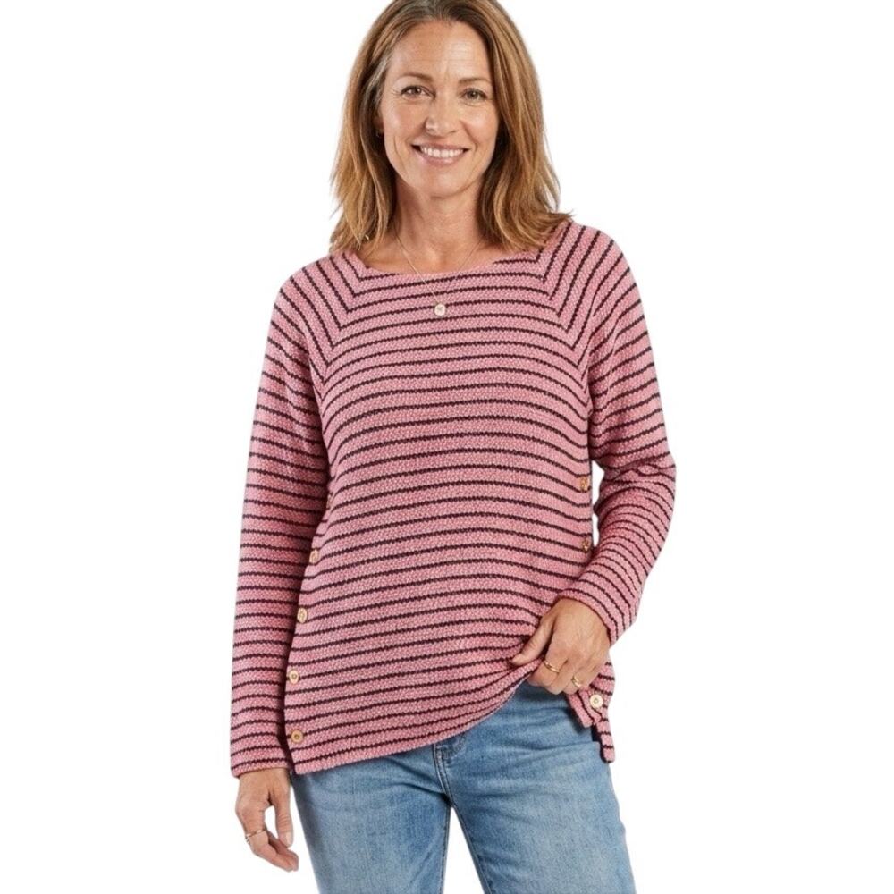 Crown & Ivy Pink and Navy Striped Textured Top Gold Button Detail Size Small